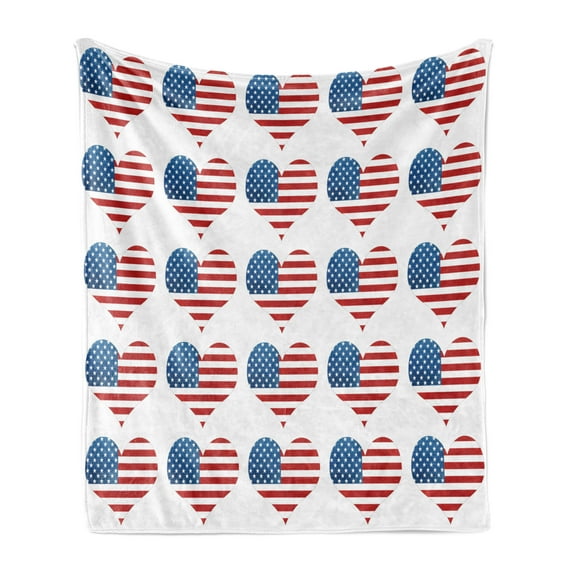 American Flag Soft Flannel Fleece Throw Blanket, Heart with Flag Patriot Pattern Modern American Day Graphic Print, Cozy Plush for Indoor and Outdoor Use, 50" x 70", White Red, by Ambesonne
