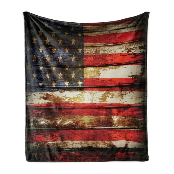 American Flag Soft Flannel Fleece Throw Blanket, Us over Old Rusty Tones Weathered Vintage Social Plank Artwork, Cozy Plush for Indoor and Outdoor Use, 50" x 70", Multicolor, by Ambesonne