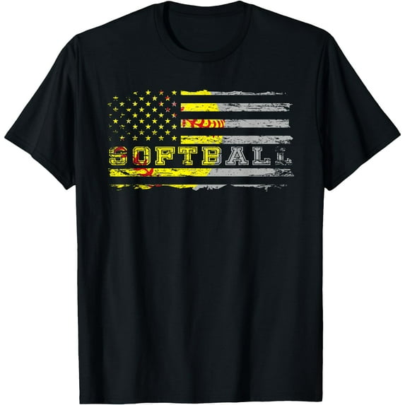 American Flag Softball Distressed Softstyle Unisex T-Shirt,Black Color,Size YS
