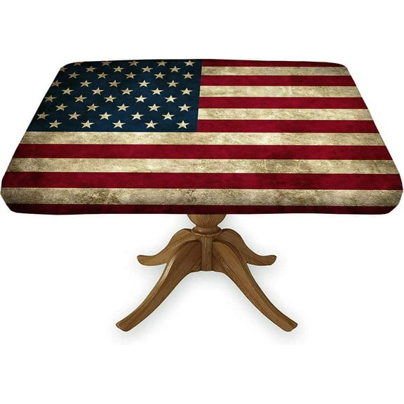 American Flag Square Fitted Table Cover, Wooden Planks Elastic Edge Tablecloths, for Spring Summer Holiday Party Use, Fits 36 x 36 Inch Table