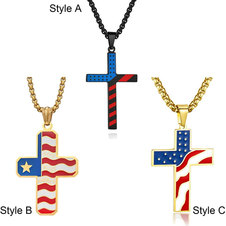 American Flag Stainless Steel Cross Pendant Black Plated Necklace for Men  Star-spangled Flag