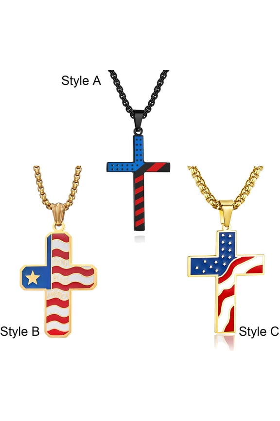 American Flag Stainless Steel Cross Pendant Necklace for Men Star-spangled Flag
