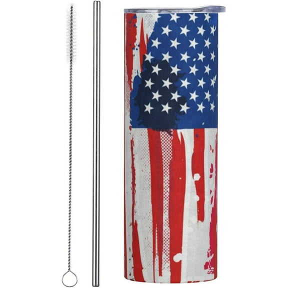 American Flag Stainless Steel Insulated Tumbler 20 OZ, Patriotic Freedom Coffee Mug Cup with Splash-Proof Lid and Straw for Car Home Office Outdoor Travel