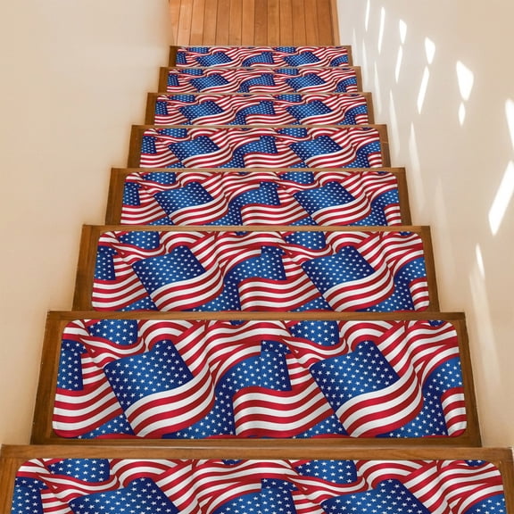 American Flag Stair Treads Non Slip for Steps Blue Red White Independence Day 15 Pcs Reusable Adhesive Stair Runner Mats for Dogs Elders Carpet Treads Rugs for Staircase 8x30 In