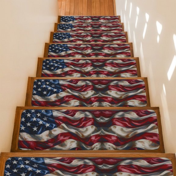 American Flag Stair Treads Non Slip for Steps Independence Day Stars Stripes Ripples 4 Pcs Reusable Adhesive Stair Runner Mats for Dogs Elders Carpet Treads Rugs for Staircase 8x30 In