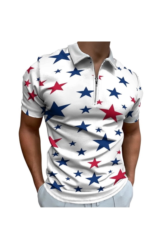 American Flag Star Pattern Men Zipper T-shirt Summer Casual Short Sleeve T-shirt Top