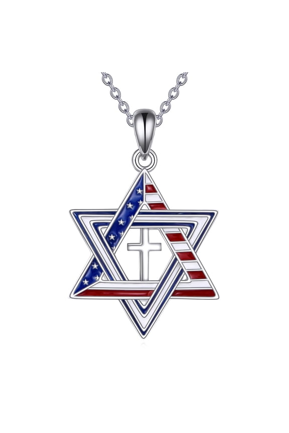 American Flag Star of David Necklace for Men Women 925 Sterling Silver Jewish Star Pendant
