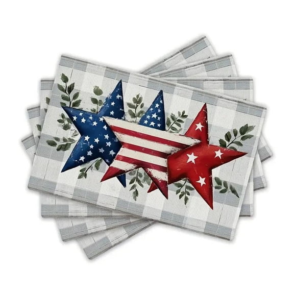 American Flag Stars Eucalyptus 4th of July Placemats Set of 4, 12x18 Inch Seasonal Patriotic Memorial Day Table Mats for Party Kitchen Dining Decoration Red