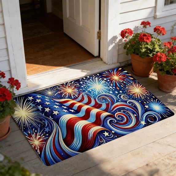 American Flag Stars Patriotic 4th of July Doormat Memorial Day Independence Door Mat Floor Mat Non Slip Rubber Backing Seasonal Entryway Kitchen Home Decoration