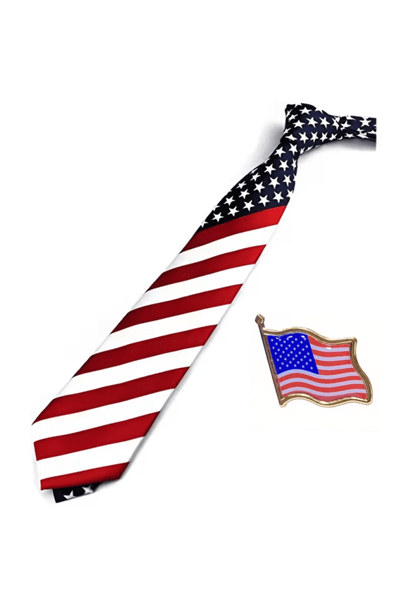 American Flag Stars and Stripes Print Polyester Necktie with Flag Badge Set, 57 x 3 Inches