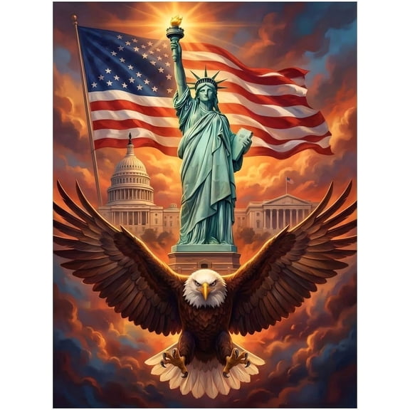 American Flag Statue of Liberty Bald Eagle Capitol Patriotic Diamond Painting Kit, USA Liberty Full Round Drill Diamond Art, DIY Rhinestone Mosaic Wall Decor Gift