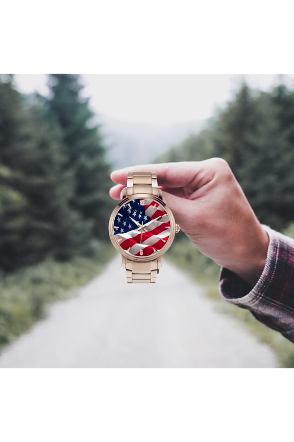 American Flag by 1Tweezy Apparel Unisex Stainless Steel Steel Strap Wristwatch, Gold
