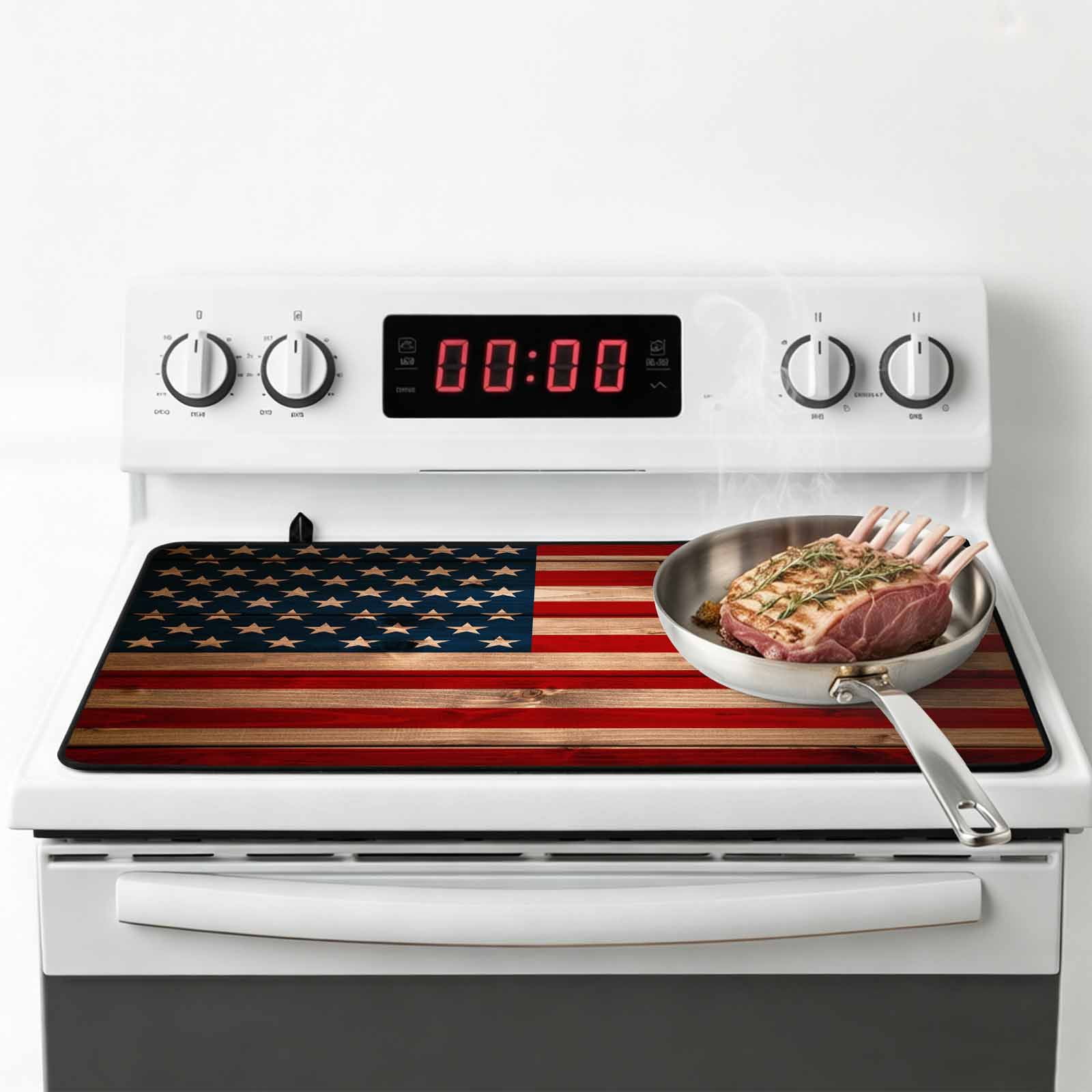 American Flag Stove Top Cover for Electric Stove, Heat-proof & Non Slip Glass Top Stove Cover Protector, Blue Red USA Flag Vintage Wooden Kitchen Flat Cooktop Rubber Mat 24x21 Inches