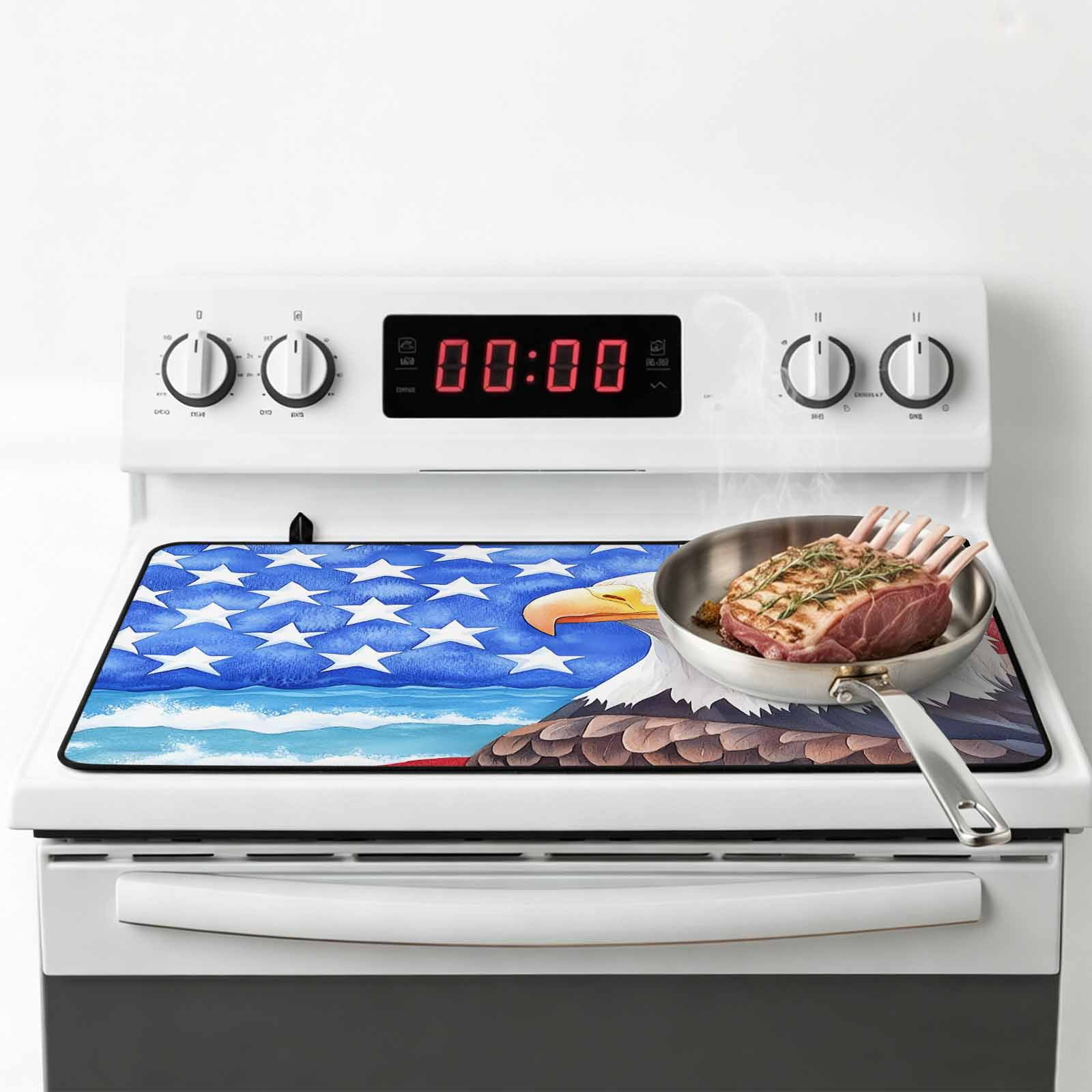 American Flag Stove Top Cover for Electric Stove, Heat-proof & Non Slip Glass Top Stove Cover Protector, Country Eagle Independence Day Blue Red Kitchen Flat Cooktop Rubber Mat 24x21 Inches