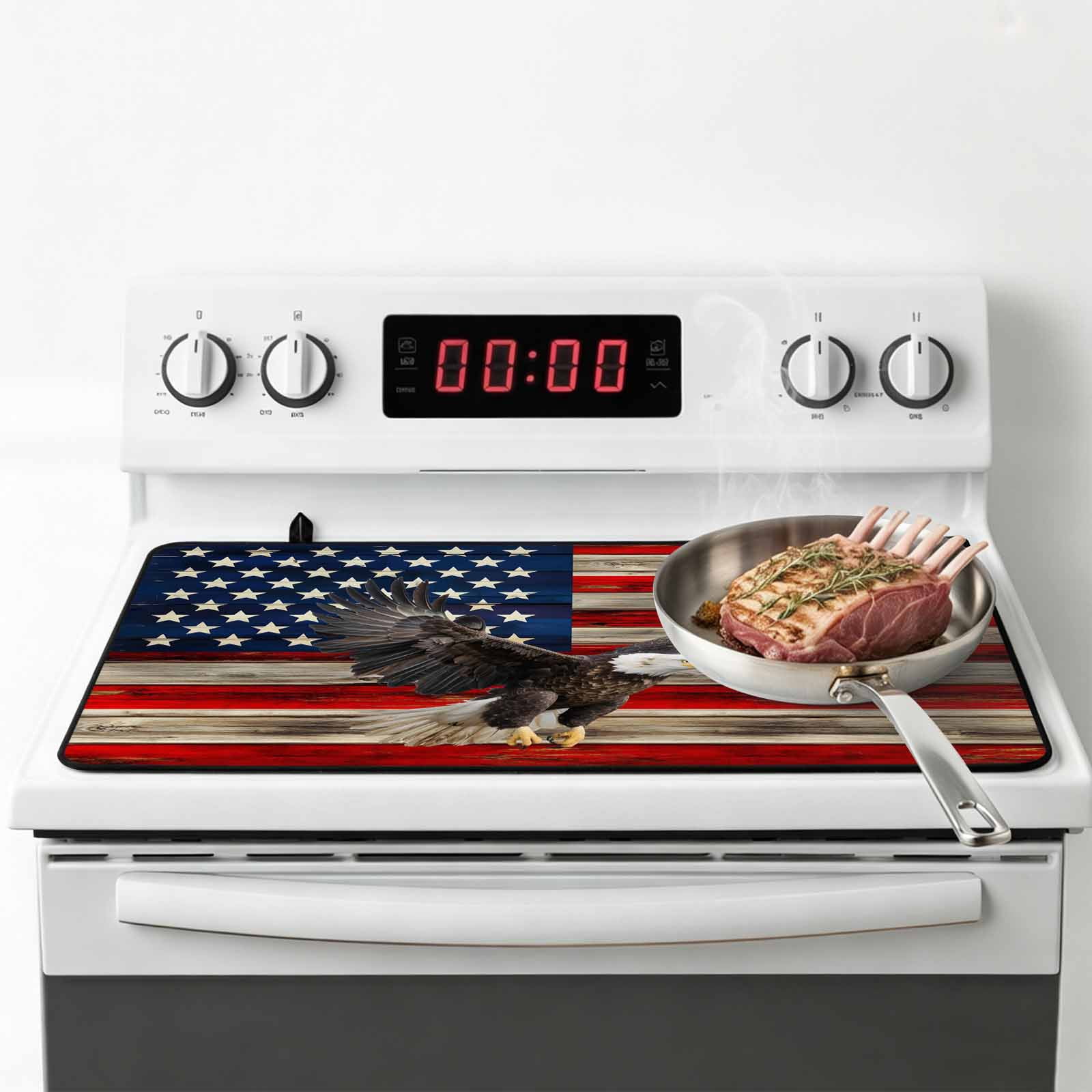 American Flag Stove Top Cover for Electric Stove, Heat-proof & Non Slip Glass Top Stove Cover Protector, Eagle Blue Red USA Flag Retro Kitchen Flat Cooktop Rubber Mat 24x21 Inches