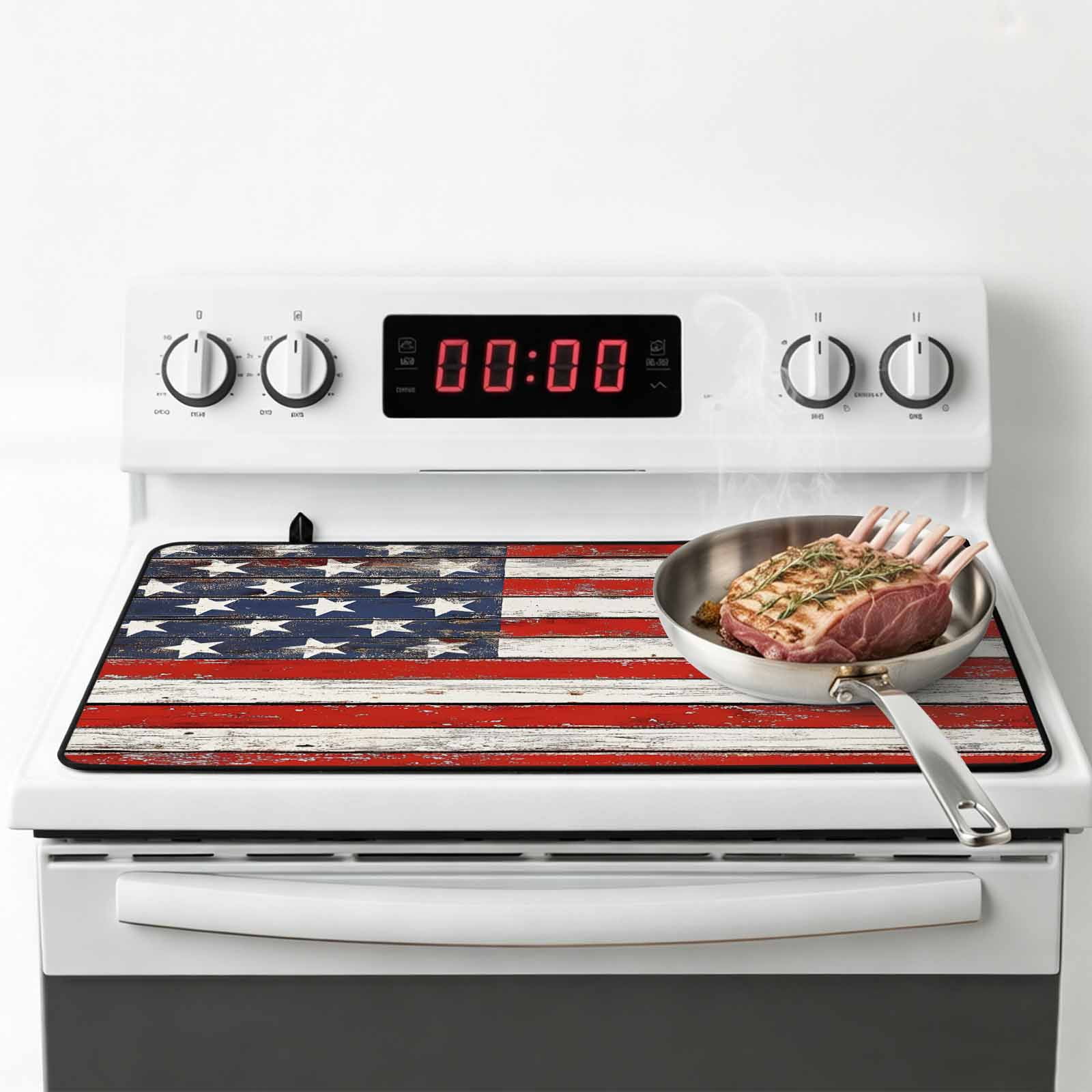 American Flag Stove Top Cover for Electric Stove, Heat-proof & Non Slip Glass Top Stove Cover Protector, Red Blue Star Stripes Rustic Farmhouse Wood Kitchen Flat Cooktop Rubber Mat 24x21 Inches