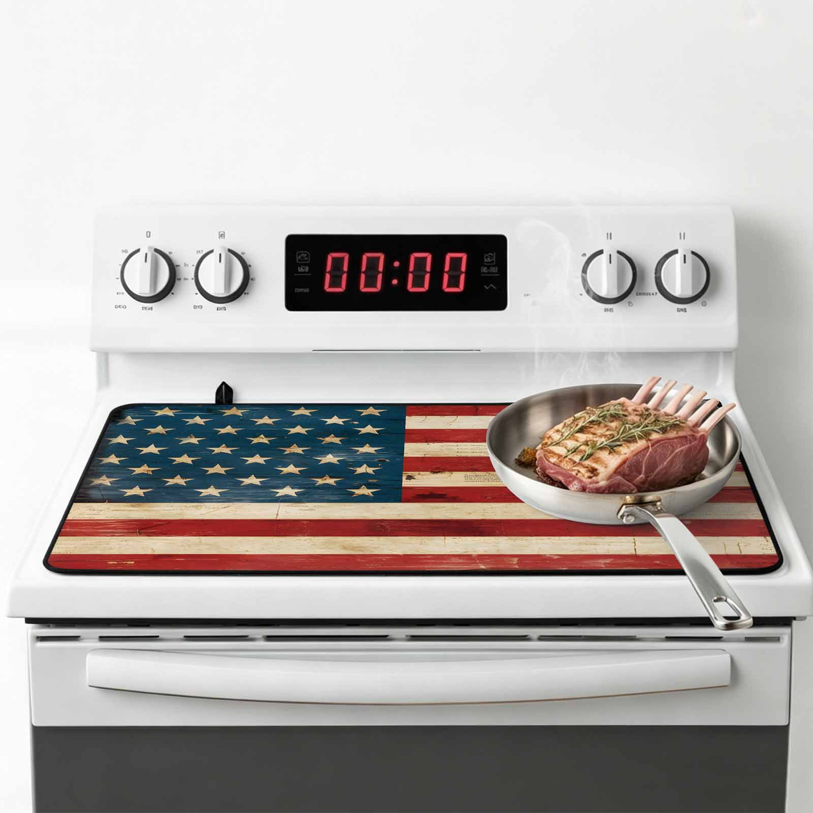 American Flag Stove Top Cover for Electric Stove, Heat-proof & Non Slip Glass Top Stove Cover Protector, Red Strip Vintage Shabby US Flag Kitchen Flat Cooktop Rubber Mat 24x21 Inches