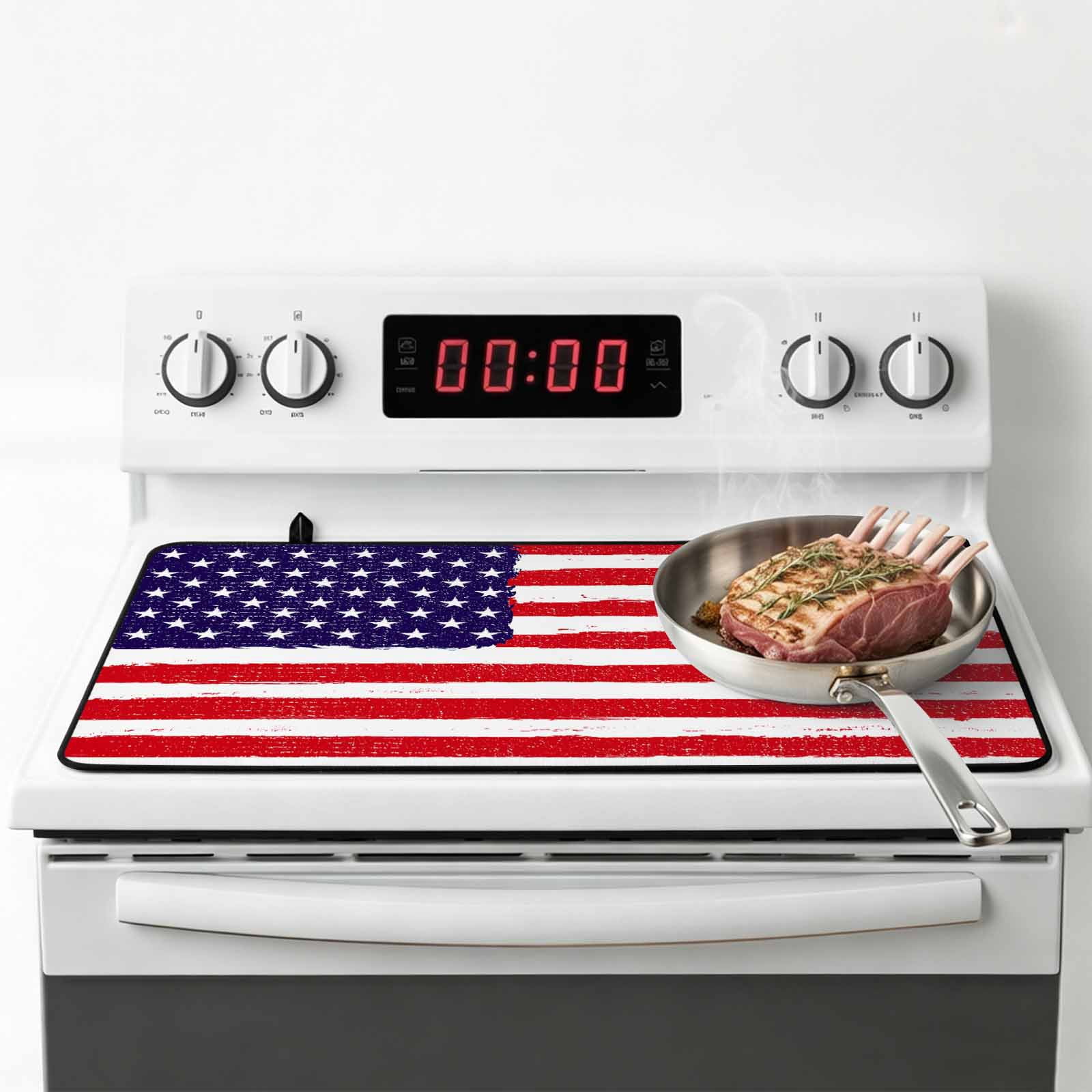 American Flag Stove Top Cover for Electric Stove, Heat-proof & Non Slip Glass Top Stove Cover Protector, Retro Rustic Stars And Stripes US Flag Kitchen Flat Cooktop Rubber Mat 24x21 Inches