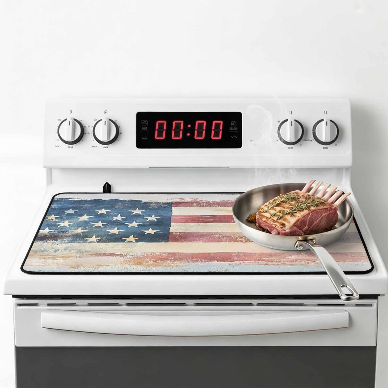 American Flag Stove Top Cover for Electric Stove, Heat-proof & Non Slip Glass Top Stove Cover Protector, Rustic Star Stripes USA Flag Retro Kitchen Flat Cooktop Rubber Mat 24x21 Inches