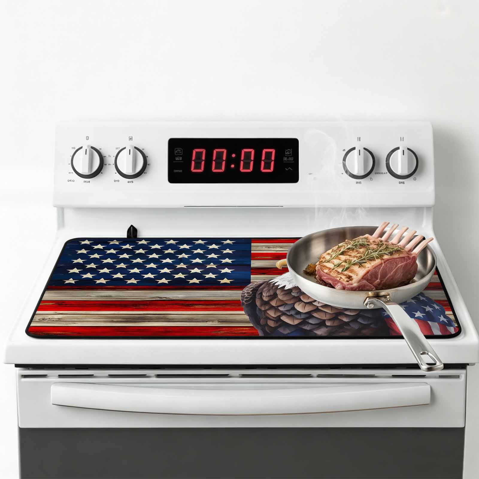 American Flag Stove Top Cover for Electric Stove, Heat-proof & Non Slip Glass Top Stove Cover Protector, Vintage Eagle Blue Red USA Flag Kitchen Flat Cooktop Rubber Mat 24x21 Inches