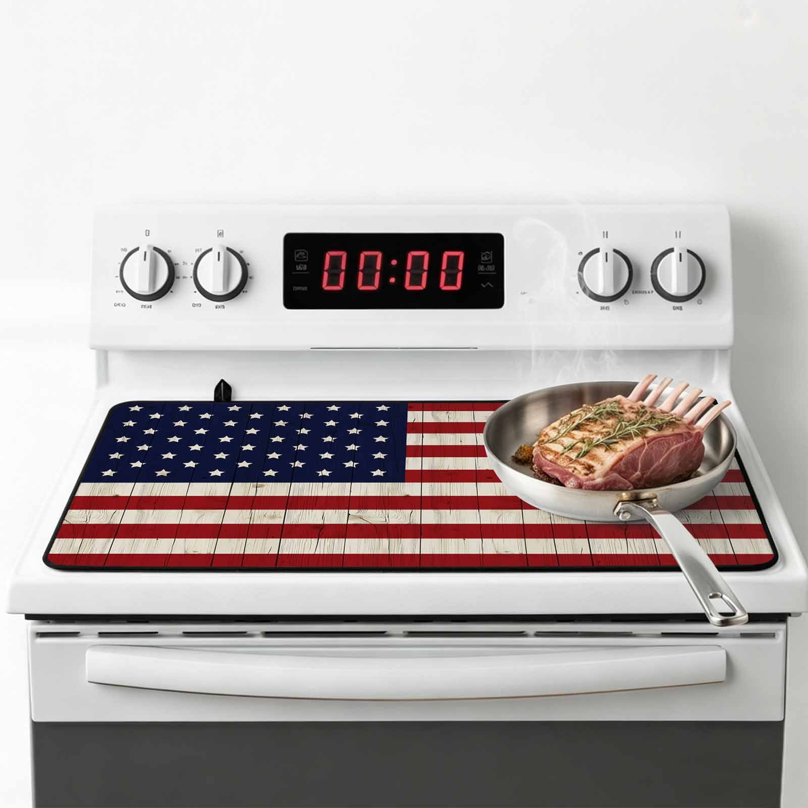 American Flag Stove Top Cover for Electric Stove, Heat-proof & Non Slip Glass Top Stove Cover Protector, Vintage Wooden Star Striped Red Blue Kitchen Flat Cooktop Rubber Mat 24x21 Inches