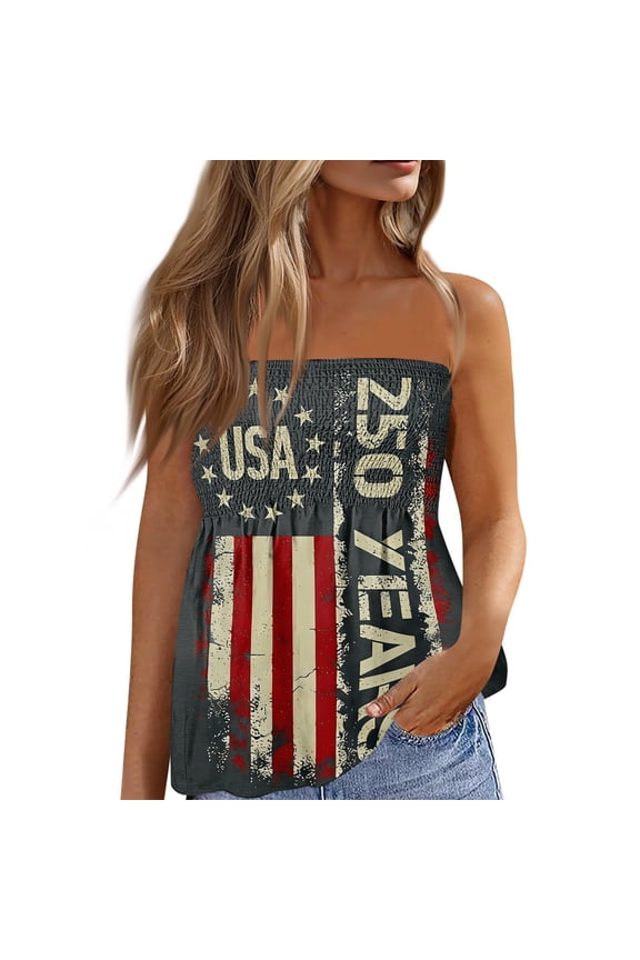 American Flag Strapless Bandeau Tank Women 4th of July Sleeveless Ruffled Tube Patriotic Strapless Smocked Tube Tops (Dark Gray,S)