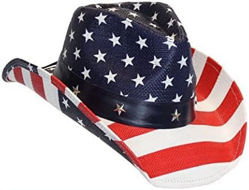 American Flag Straw Hat With/ Shapeable Brim, Red, White, Navy Blue