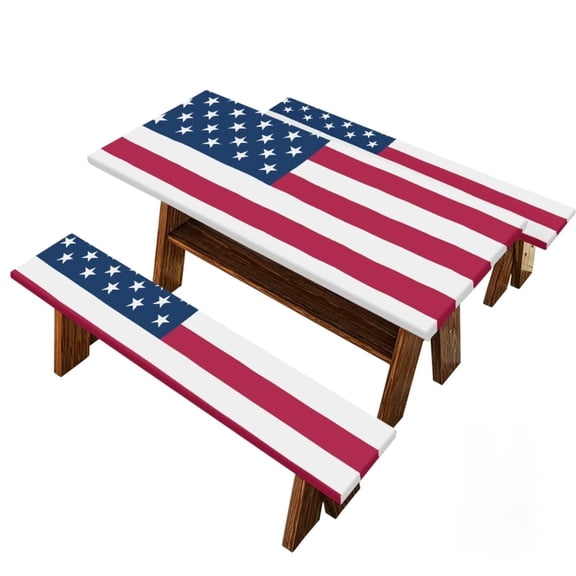 American Flag Style Picnic Table Cover With Bench Covers 5Ft 3Pcs, Camping Essentials, Fitted Camping Tablecloth Waterproof With Elastic Edge For Indoor Outdoor Patio (60inx30in)