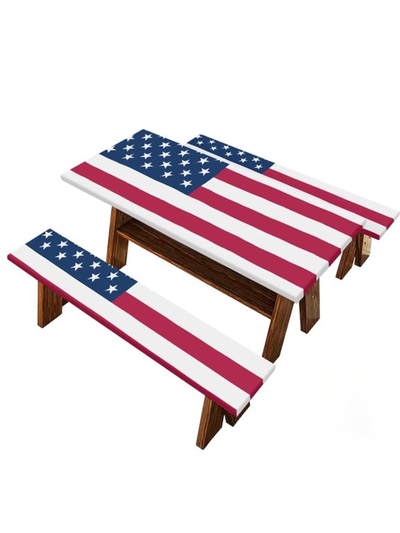 American Flag Style Picnic Table Cover With Bench Covers 5Ft 3Pcs, Camping Essentials, Fitted Camping Tablecloth Waterproof With Elastic Edge For Indoor Outdoor Patio (60inx30in)