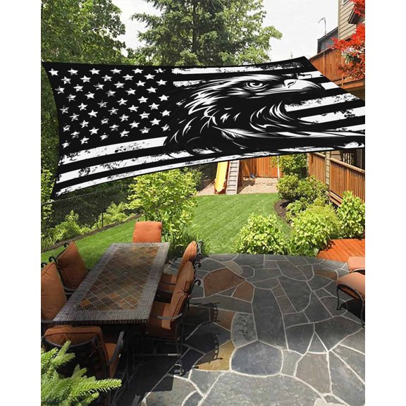 American Flag Sun Sail Shades Rectangle Canopy,Sunlight Block Heavy Duty Curved Backyard Shade Cover, Black US Flag Eagle Waterproof Sun Shades for Patios Garden Pergola Outdoor 6.5'x10'
