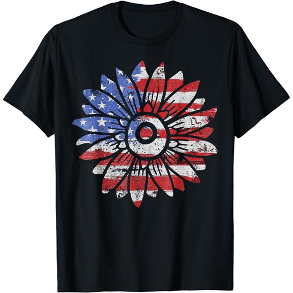American Flag Sunflower Graphic Tee 4th of July Plus Size T-Shirt