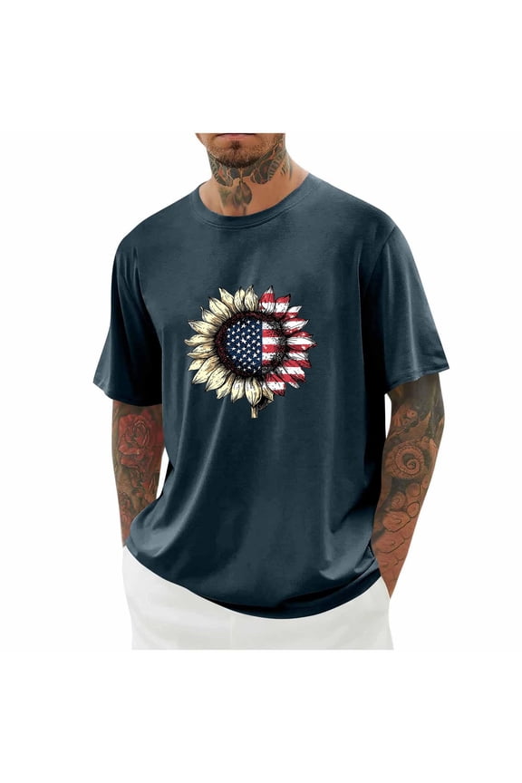 American Flag Sunflower Shirts Men Half Crewneck Sleeve Tops 4th of July Graphic Tees Patriotic T-Shirts USA Flag Star Stripe Tops
