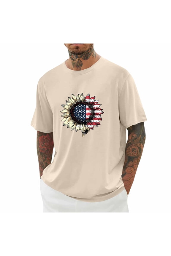 American Flag Sunflower Shirts Men Half Crewneck Sleeve Tops 4th of July Graphic Tees Patriotic T-Shirts USA Flag Star Stripe Tops
