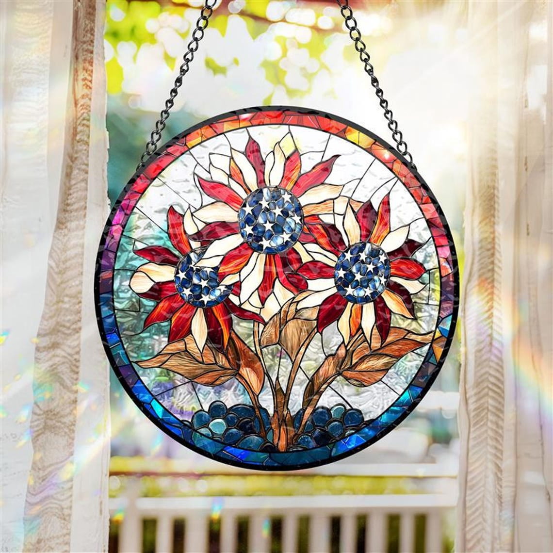 American Flag Sunflower Suncatcher, Patriotic Window Hanging, 3.5 in ...