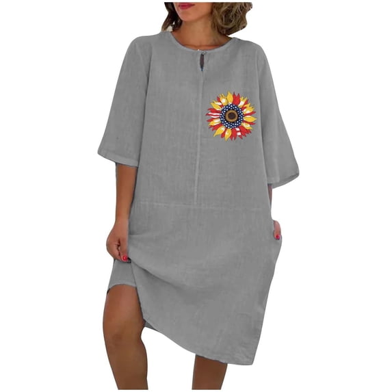 American Flag Sunflower Tshirt Dress for Women Crewneck Short Sleeve Loose Casual Beach Flowy Sundress