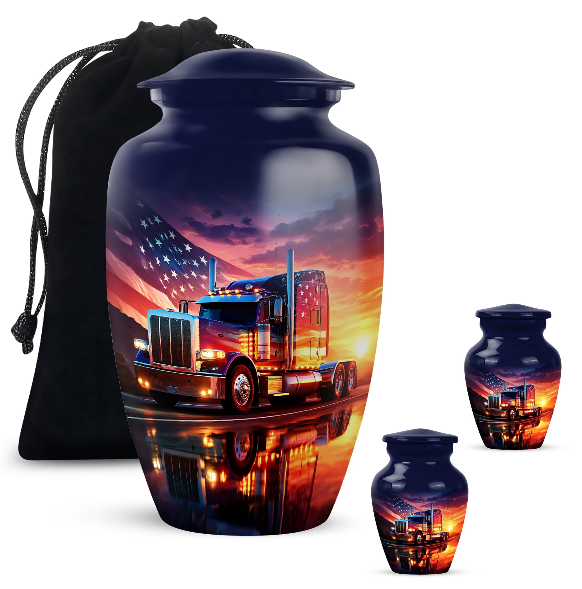 American Flag Sunset Truck Urns, Keepsake Mini Urn For Ashes Adult Male , Cremation Urn For Human Ashes, Funeral Memorial Urn For Ash (Size 10 Inch 1 Pcs & Size 3 Inch, 2 Pcs)