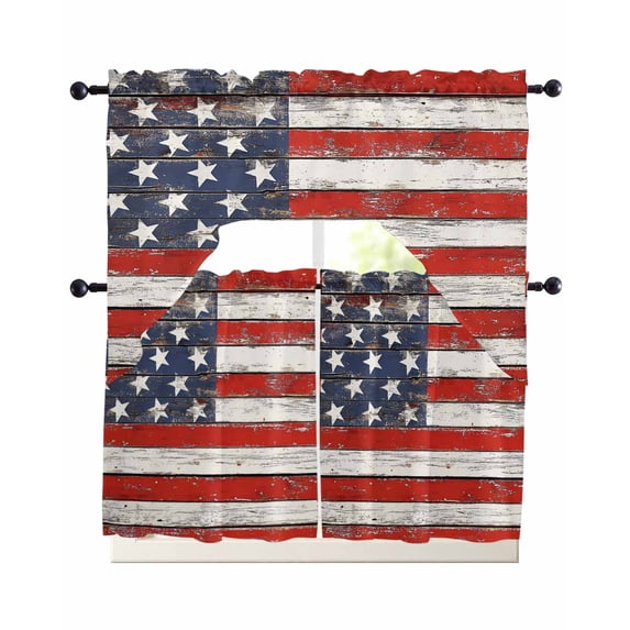 American Flag Swag Curtains for Living Room/Bedroom Windows, Red Blue Star Stripes Rustic Farmhouse Wood Kitchen Curtains and Valances Set 36 Inch Length, Light Filtering Swags Valance Curtain Panels