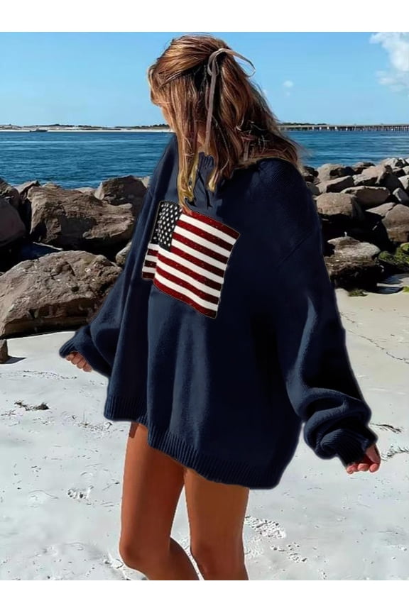 American Flag Sweater For Women 4th for July Long Sleeve Casual Crew Neck Loose Knit Blue L
