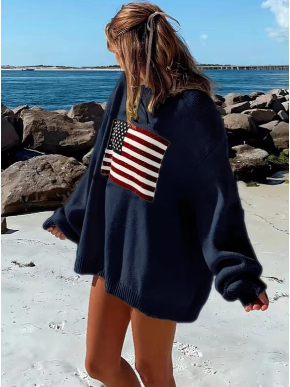 American Flag Sweater For Women 4th for July Long Sleeve Casual Crew Neck Loose Knit Blue S