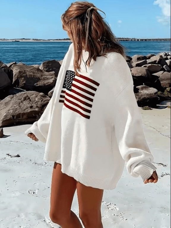 American Flag Sweater For Women 4th for July Long Sleeve Casual Crew Neck Loose Knit White L