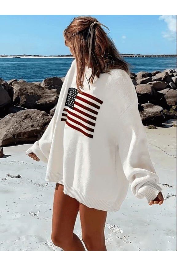 American Flag Sweater For Women 4th for July Long Sleeve Casual Crew Neck Loose Knit White S