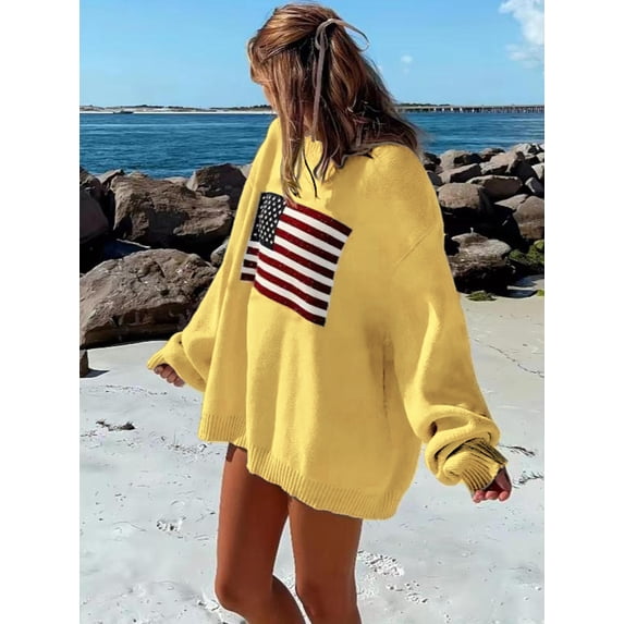American Flag Sweater For Women 4th for July Long Sleeve Casual Crew Neck Loose Knit Yellow L