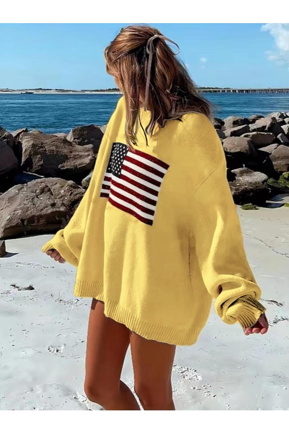 American Flag Sweater For Women 4th for July Long Sleeve Casual Crew Neck Loose Knit Yellow L