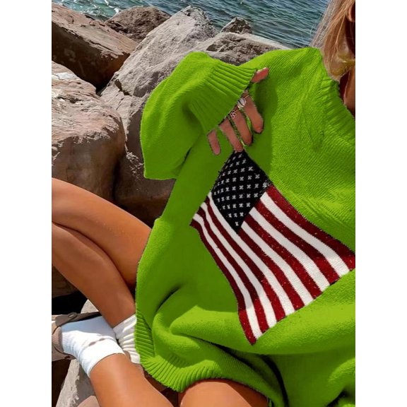 American Flag Sweater Sweater Long Sleeve  Pullover (L, Green)