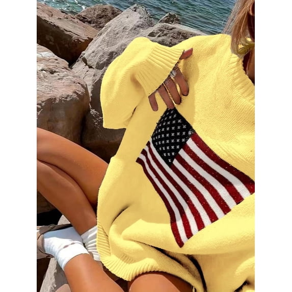 American Flag Sweater Sweater Long Sleeve Pullover (L, Yellow)