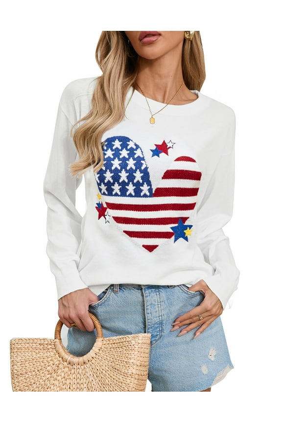 American Flag Sweaters for Women 4th of July Independence Day Patriotic Stars Sweater Heart Y2K Long Sleeve Crewneck Striped Sweater Alsol Lamesa