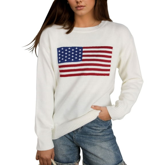 American Flag Sweaters for Women 4th of July Independence Day Patriotic Stars Sweater Long Sleeve Crewneck Striped Sweater Alsol Lamesa