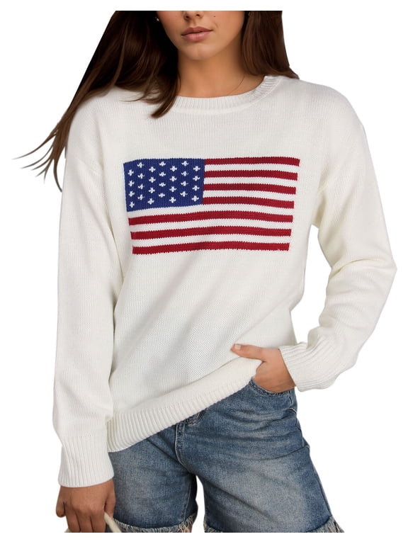 American Flag Sweaters for Women 4th of July Independence Day Patriotic Stars Sweater Long Sleeve Crewneck Striped Sweater Alsol Lamesa