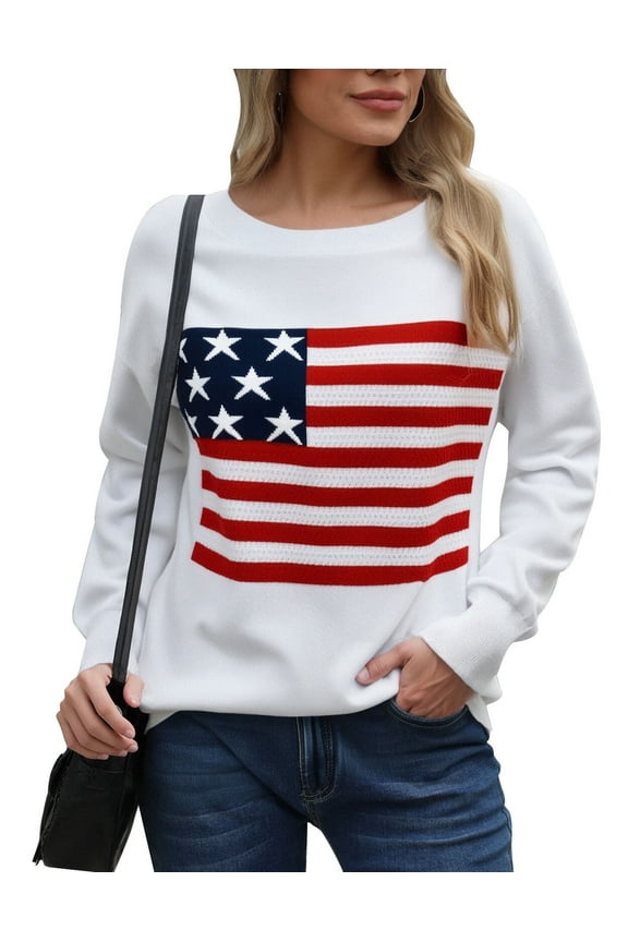 American Flag Sweaters for Women Veterans Day Independence Day Patriotic Stars Sweater Long Sleeve Crewneck Striped Sweater Alsol Lamesa