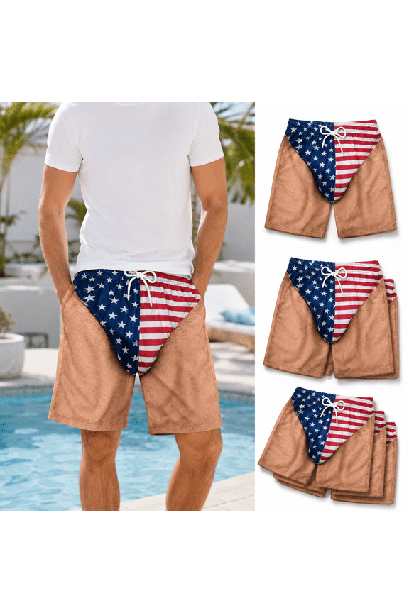 American Flag Swim Trunks Men, Funny Fake Briefs Beach Shorts, Realistic Hairy Legs Graphic Swim Shorts Men for 4th of July Pool Party, 1 PCS, S
